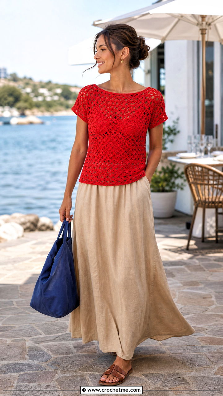 Boat Neck Crochet Tee With Linen Maxi Skirt - 35 crochet tops for summer outfit ideas