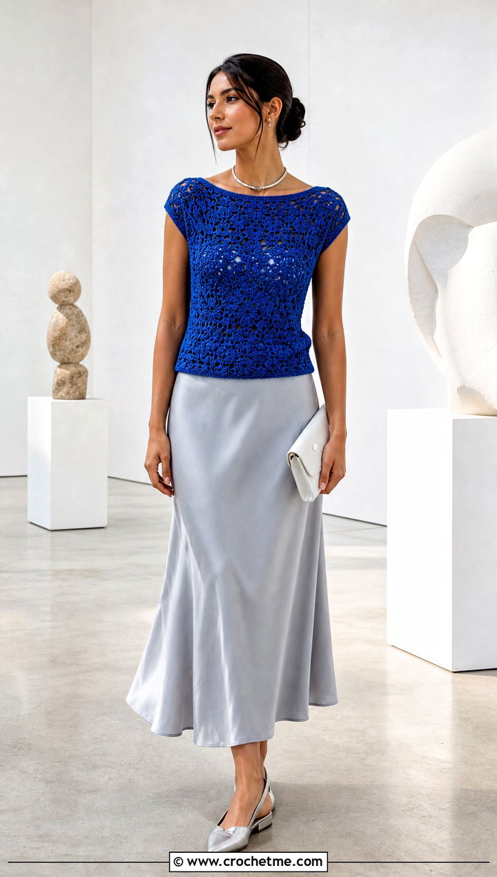 Boat Neck Crochet Top With A Bias Skirt - 35 aesthetic crochet summer tops outfit ideas