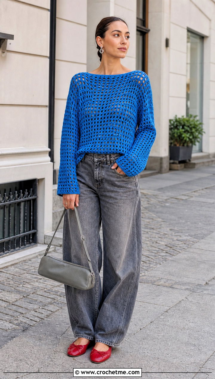 Boat Neck Crochet Top With Barrel Jeans - 35 Fast Crochet Top outfit ideas