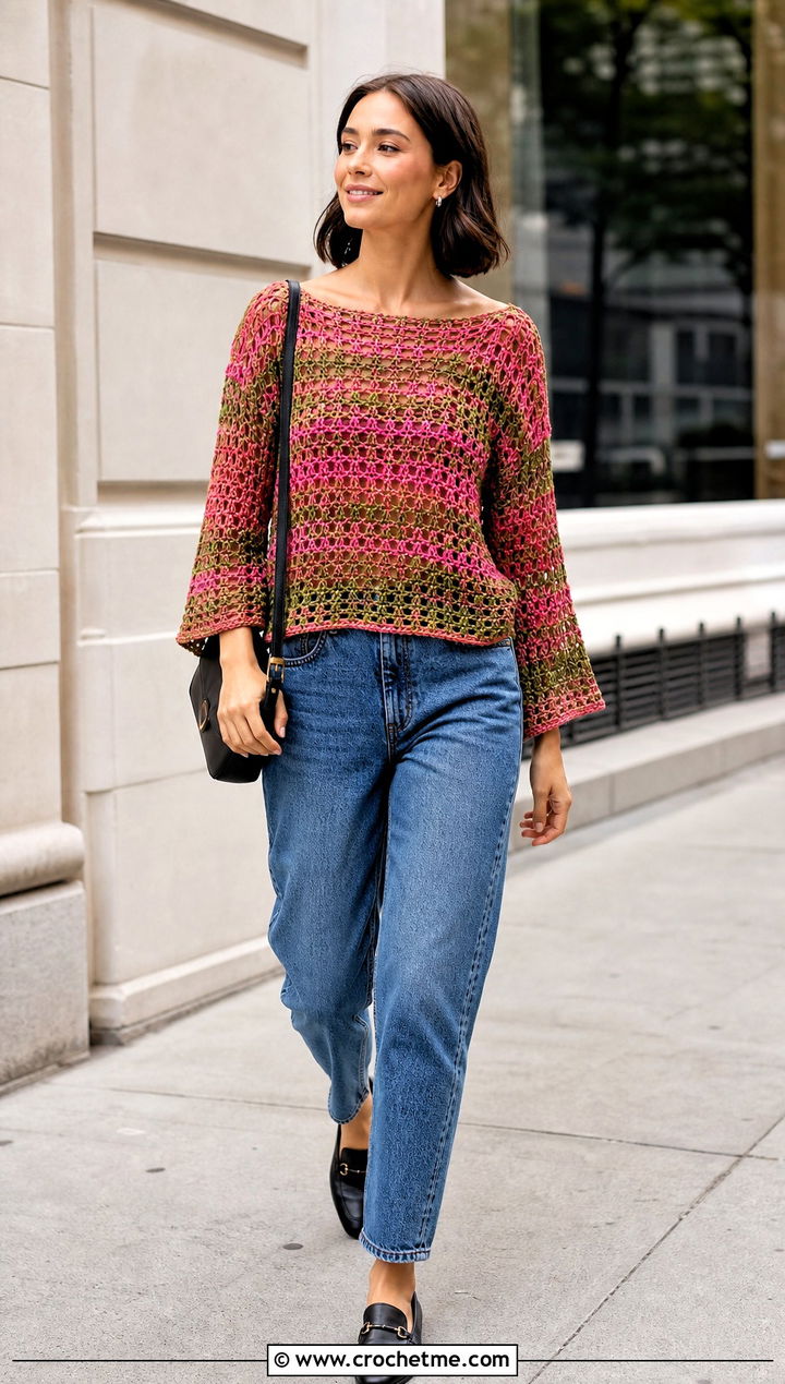 Boat Neck Crochet Top With Barrel Jeans - 30 pink and green crochet top outfit ideas