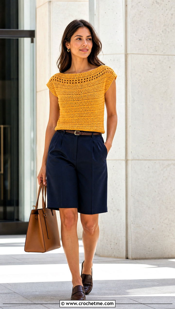 Boat Neck Crochet Top With Bermuda Shorts - 35 Outfit With Crochet Top outfit ideas