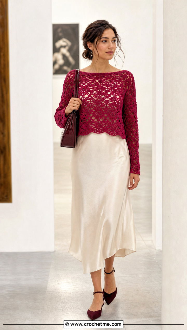 Boat Neck Crochet Top With Bias Cut Dress - 25 Dresses With Crochet Top outfit ideas