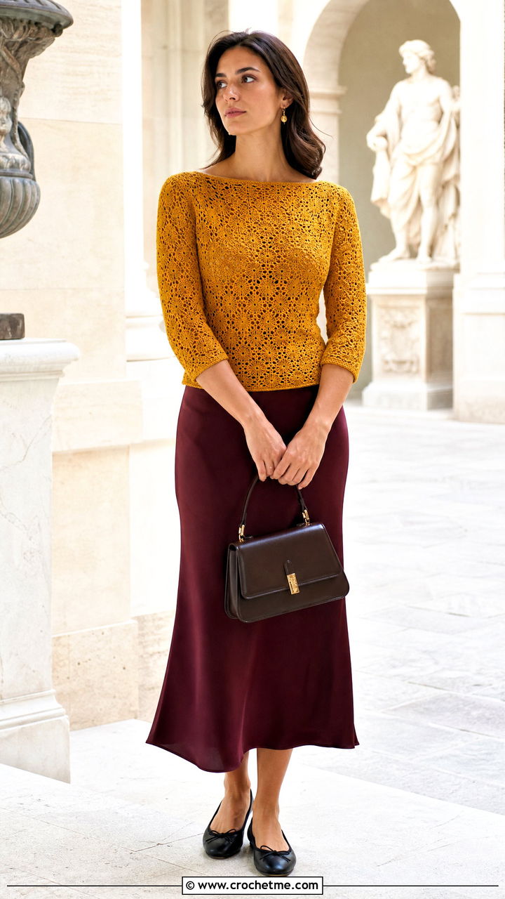 Boat Neck Crochet Top With Bias Cut Skirt - 35 trendy crochet tops outfit ideas
