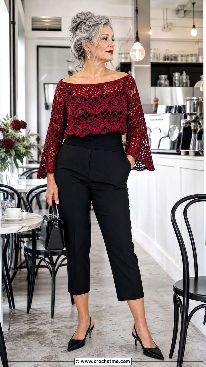 Boat Neck Crochet Top With Capri Pants - 35 goth crochet top outfit ideas