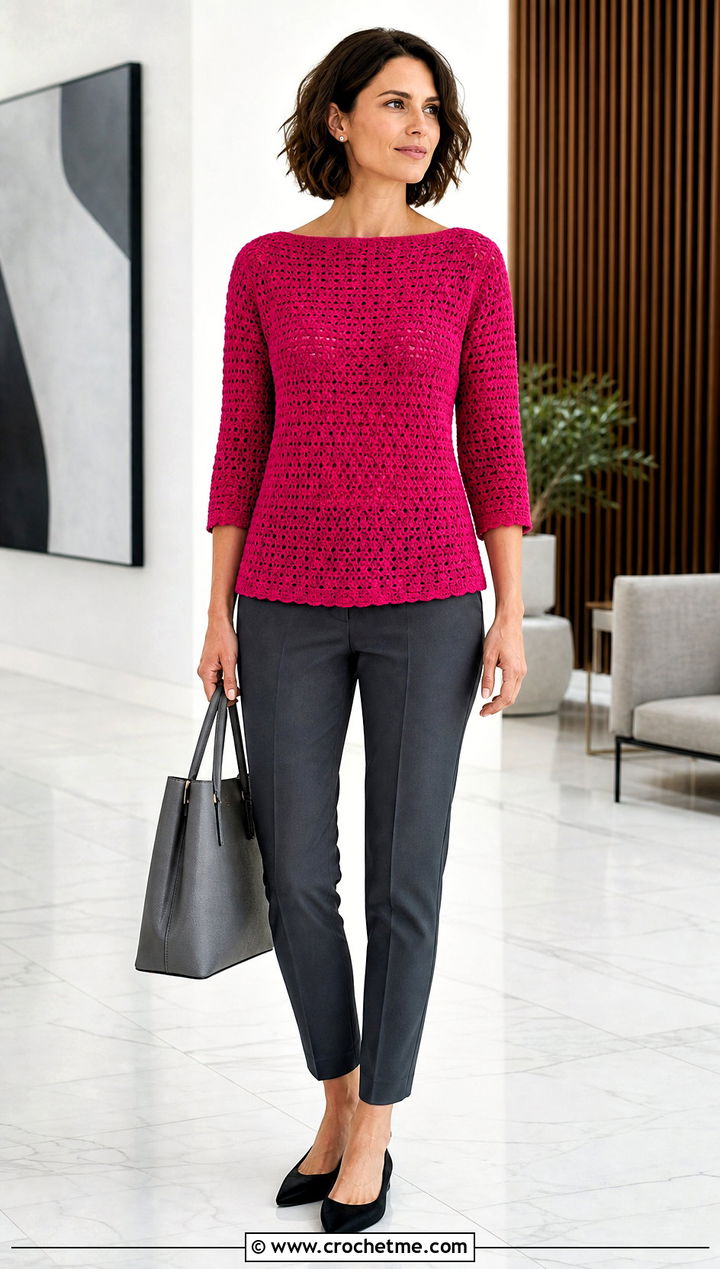 Boat Neck Crochet Top With Cigarette Pants - 25 designer crochet top outfit ideas