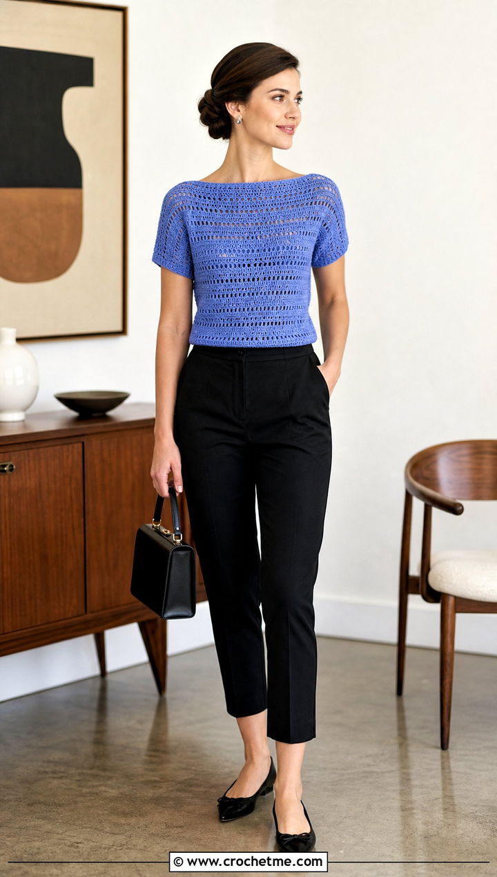 Boat Neck Crochet Top With Cigarette Pants - 25 vintage crochet tops outfit ideas