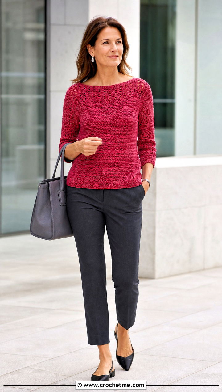 Boat Neck Crochet Top With Cigarette Pants - 35 crochet spring tops outfit ideas