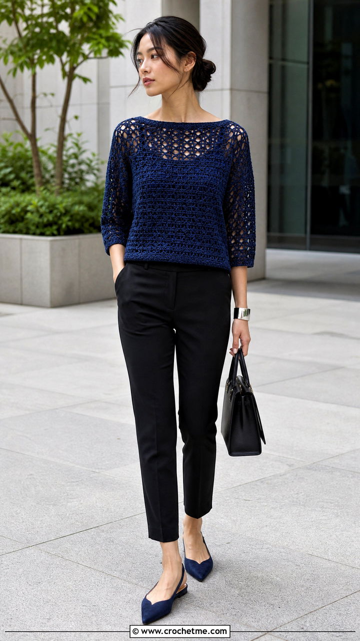Boat Neck Crochet Top With Cigarette Pants - 35 easy crochet summer tops outfit ideas