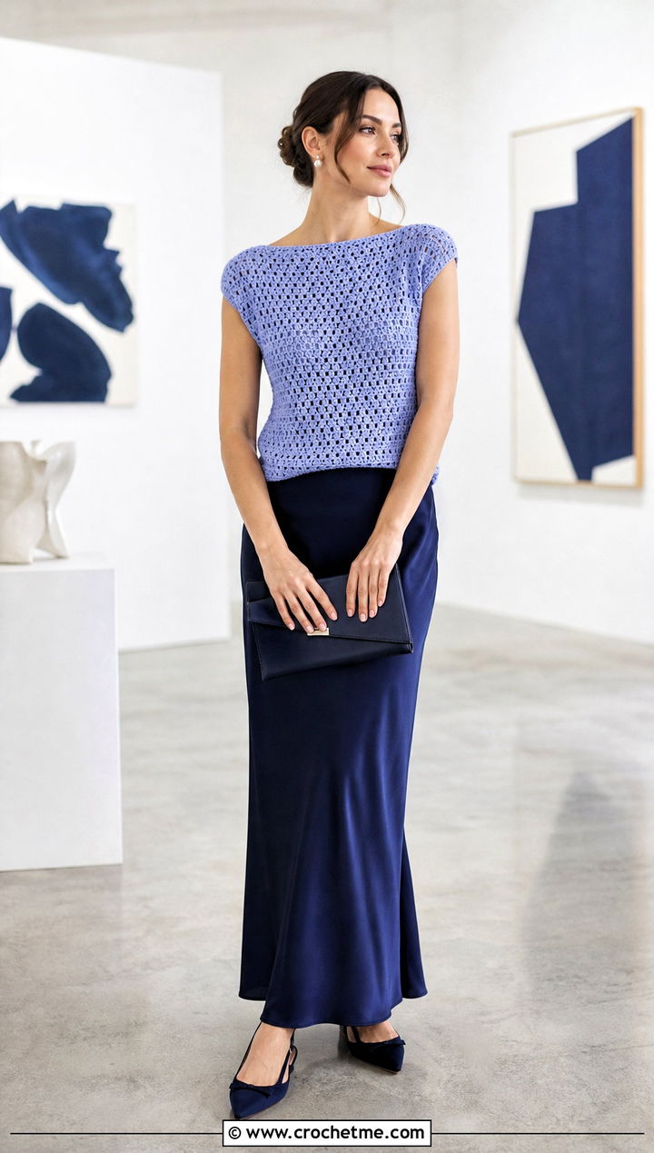 Boat Neck Crochet Top With Column Skirt - 30 beginner crochet top outfit ideas