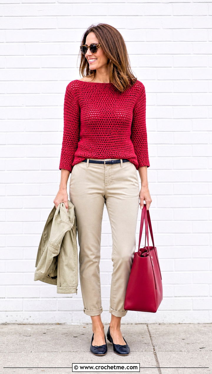 Boat Neck Crochet Top With Cropped Chinos - 25 Spring Crochet Tops outfit ideas