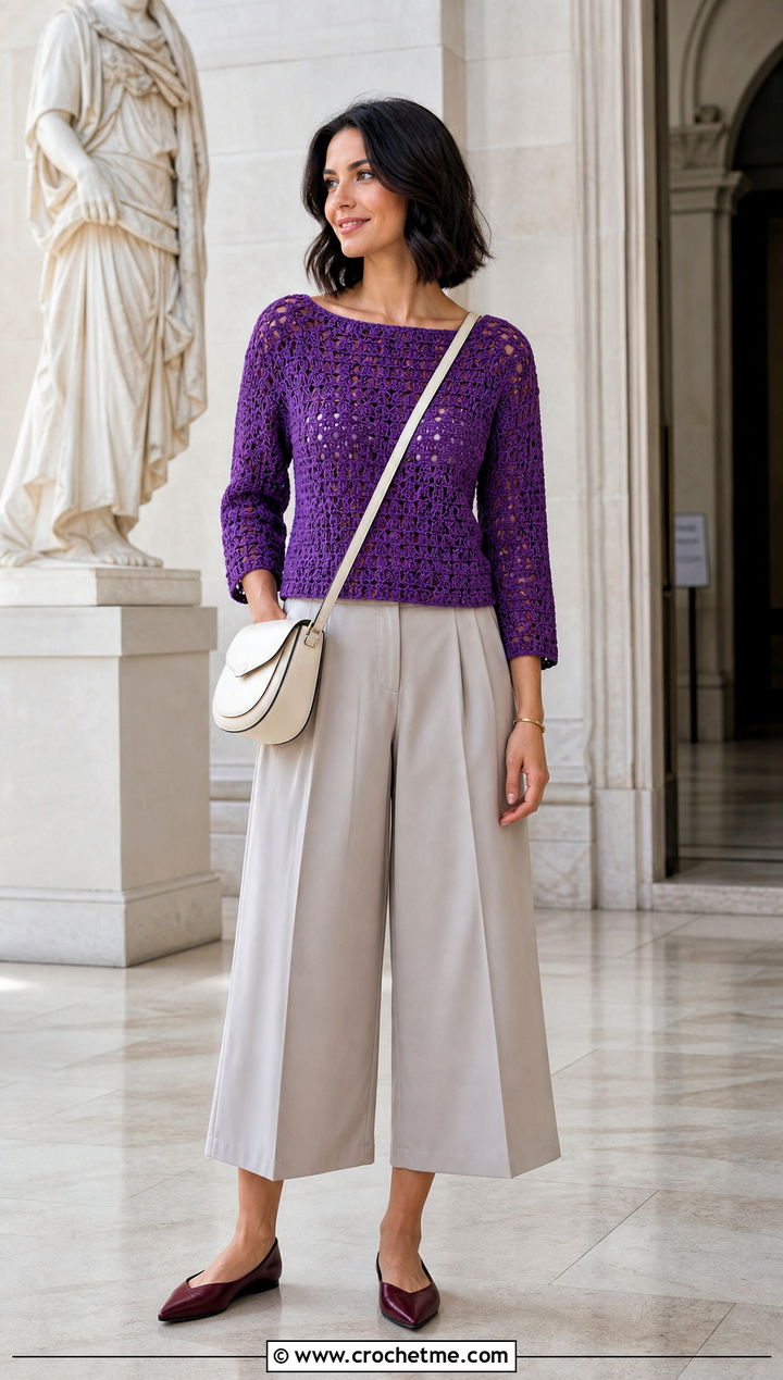 Boat Neck Crochet Top With Culottes - 35 crochet top sleeves outfit ideas
