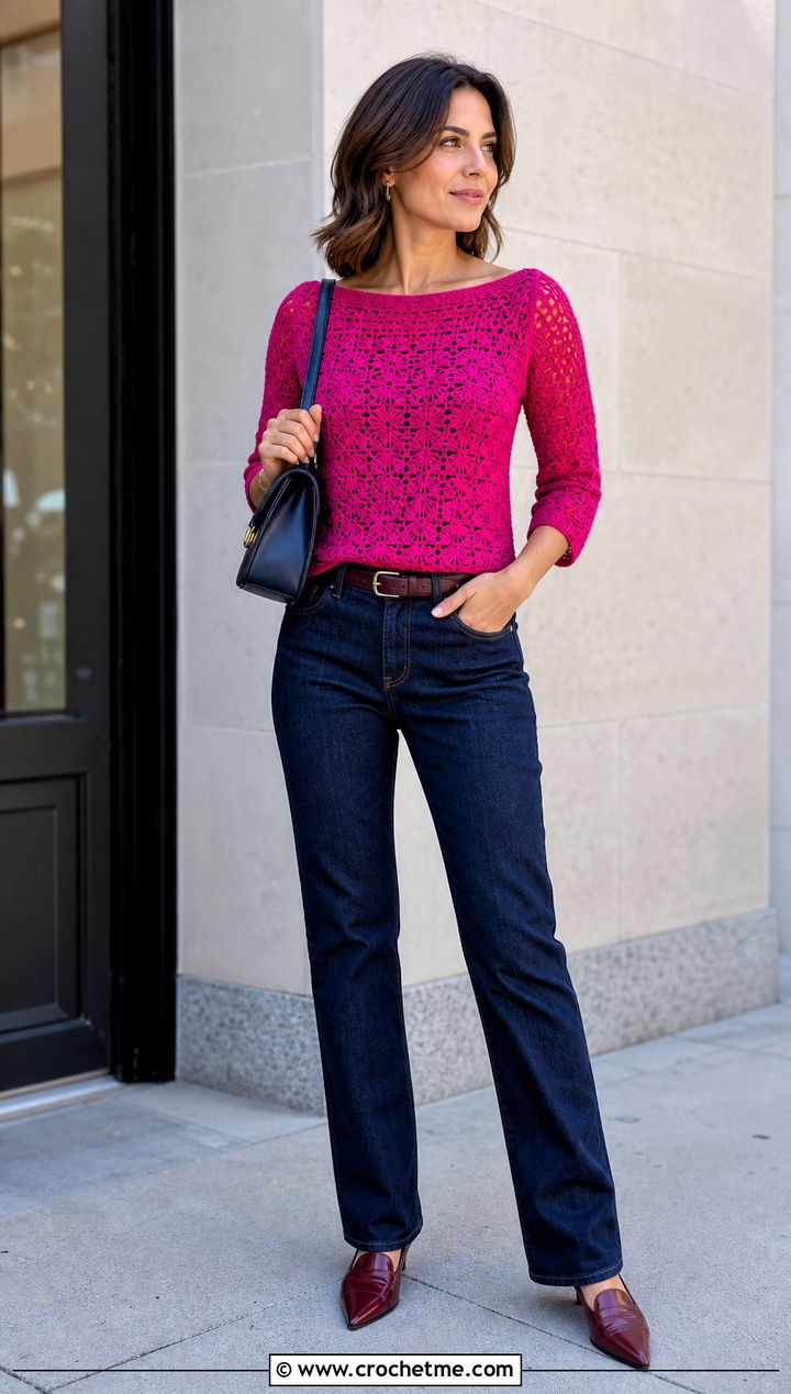 Boat Neck Crochet Top With Dark Wash Jeans - 25 Daisy Jones Crochet Top outfit ideas