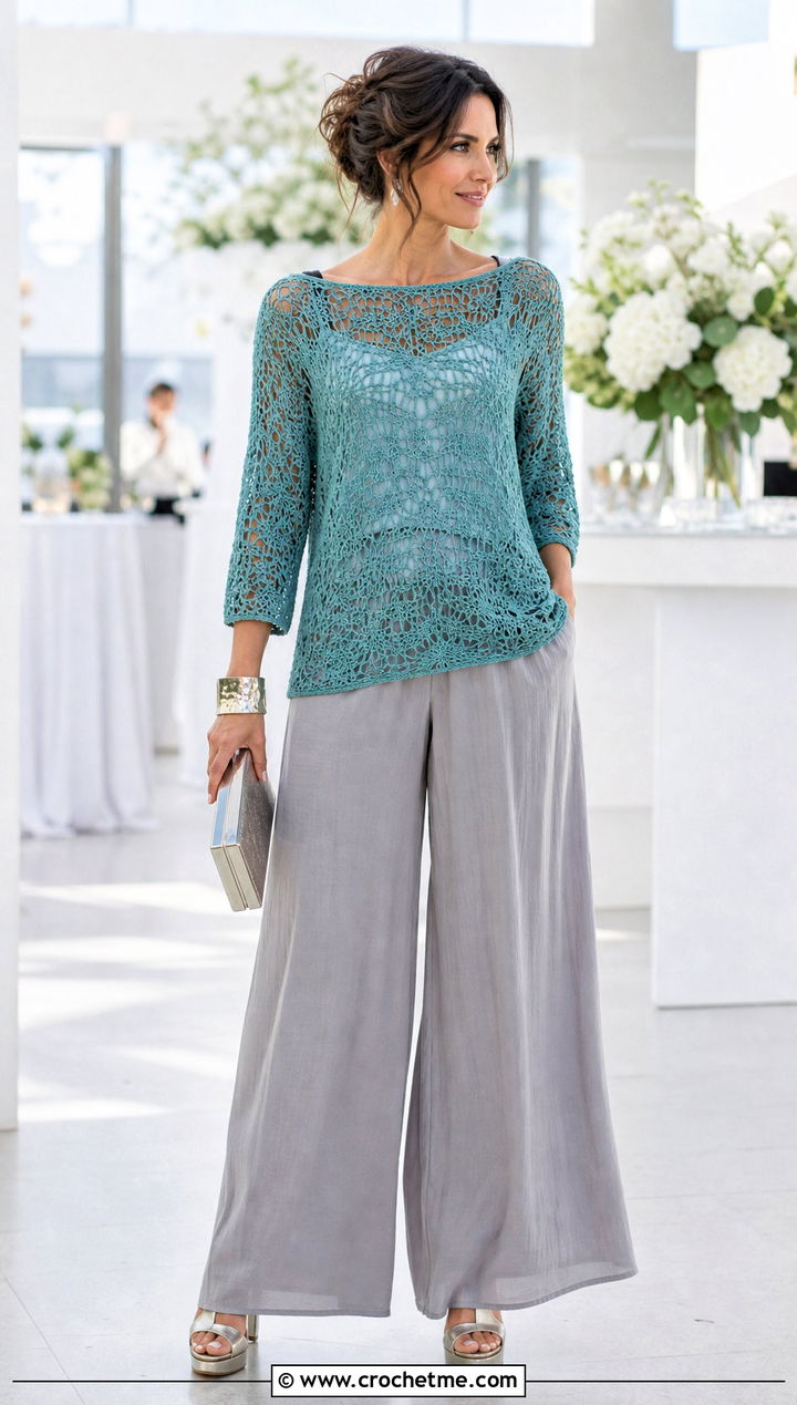 Boat Neck Crochet Top With Palazzo Pants - 15 vintage crochet top design outfit ideas