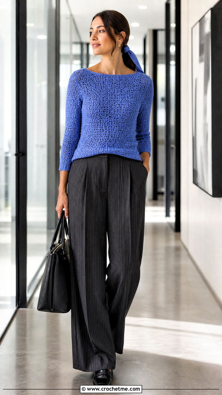 Boat Neck Crochet Top With Pinstripe Trousers - 35 coquette crochet top outfit ideas