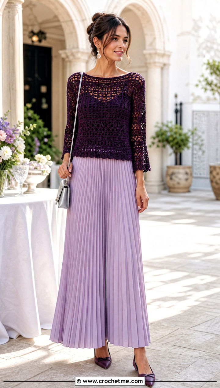 Boat Neck Crochet Top With Pleated Maxi Skirt - 20 Crochet Holey Top outfit ideas