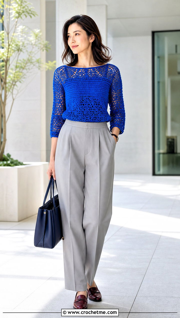 Boat Neck Crochet Top With Pleated Trousers - 35 spring crochet top outfit ideas