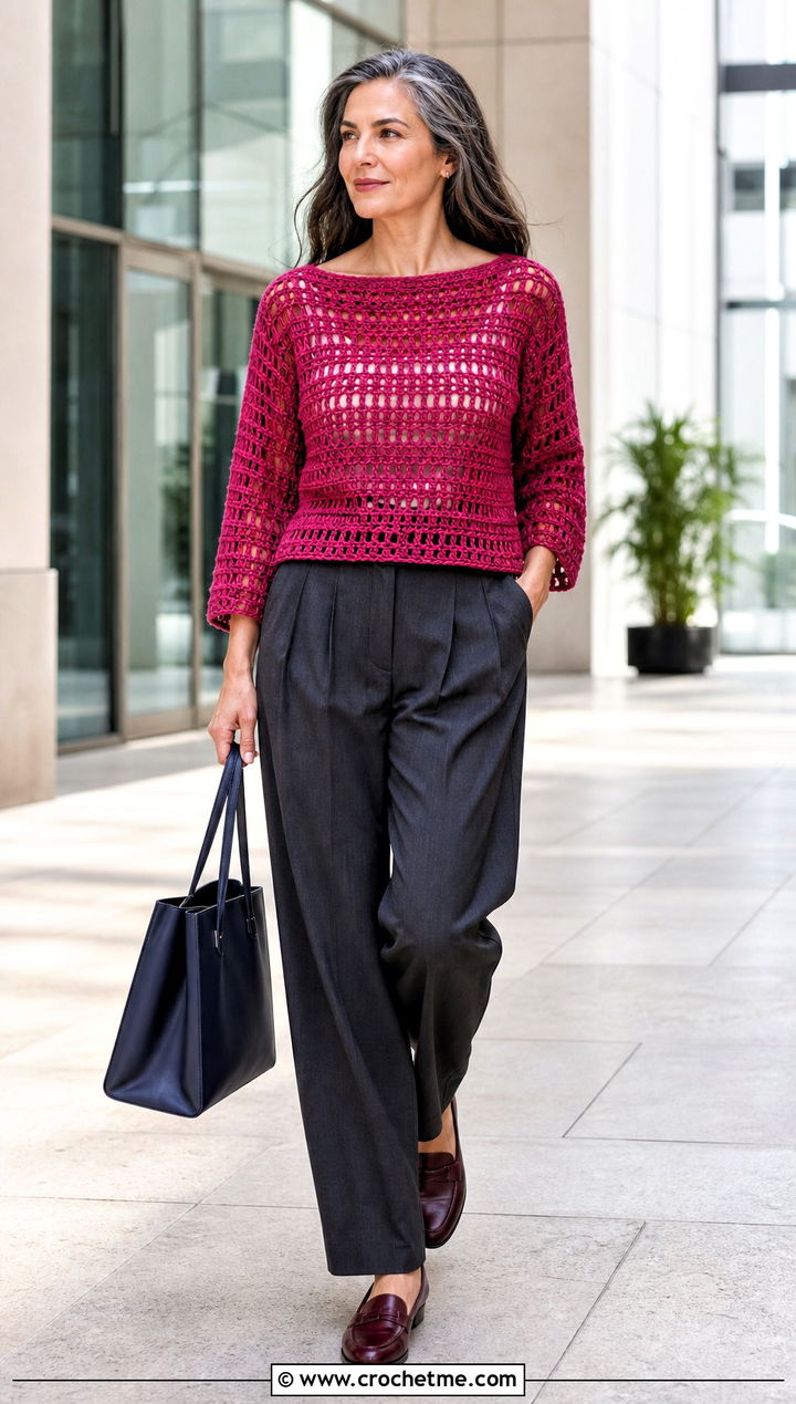 Boat Neck Crochet Top With Pleated Trousers - 25 Flowy Crochet Top outfit ideas