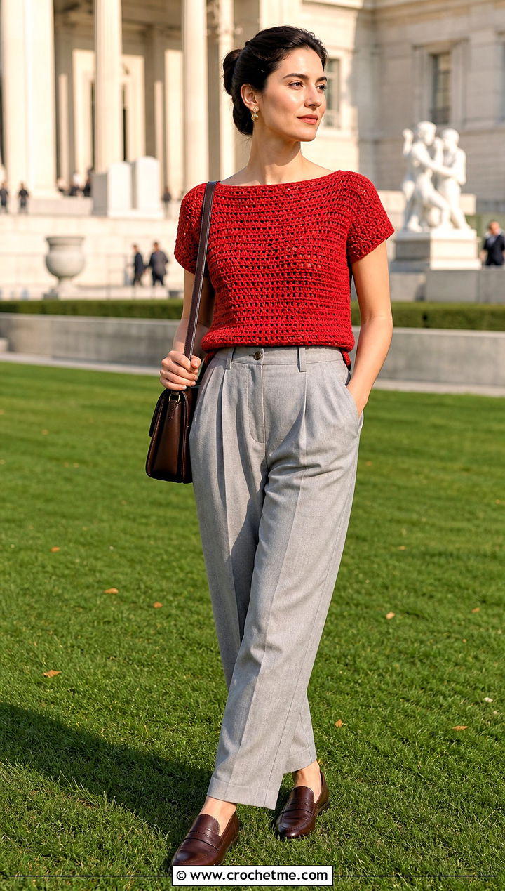 Boat Neck Crochet Top With Pleated Trousers - 15 crochet top on grass outfit ideas