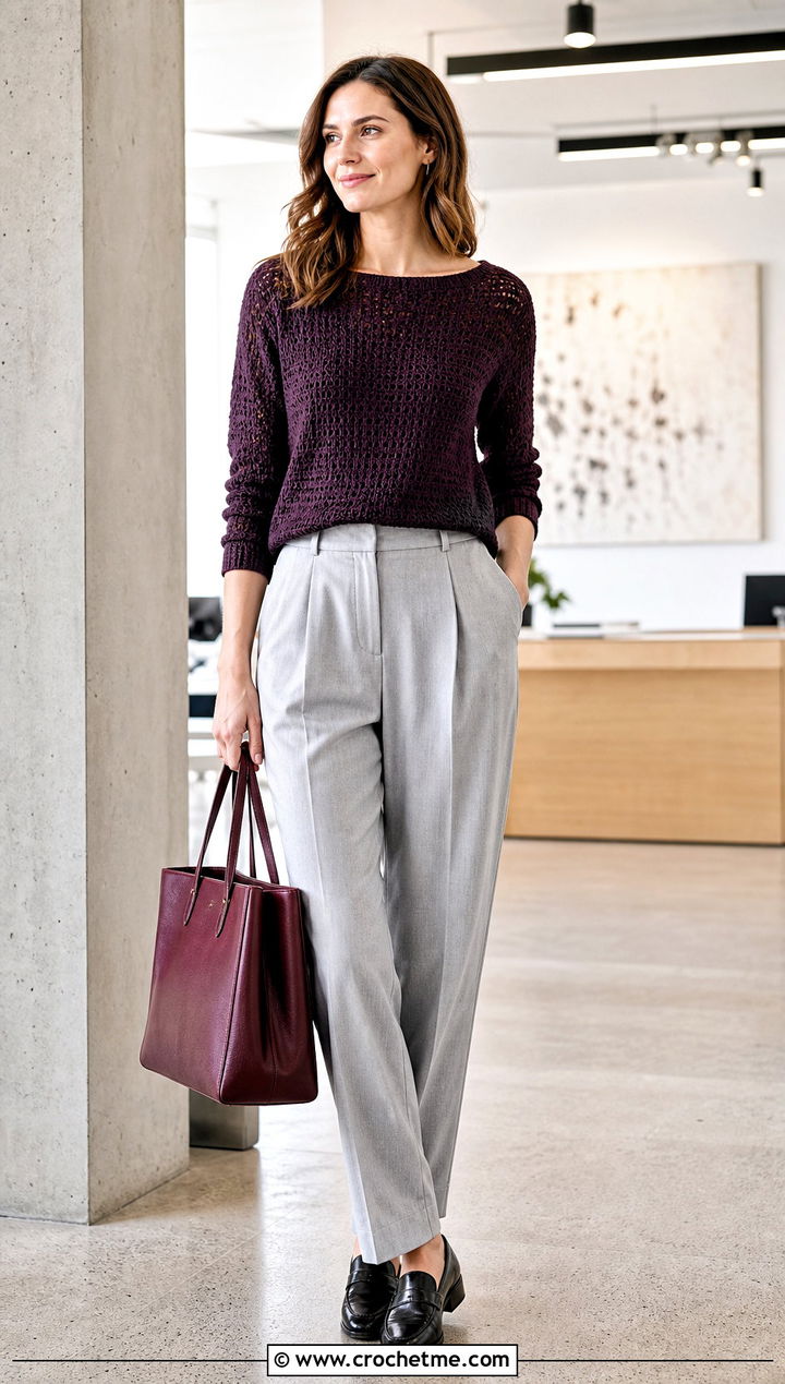 Boat Neck Crochet Top With Pleated Trousers - 30 form crochet top outfit ideas