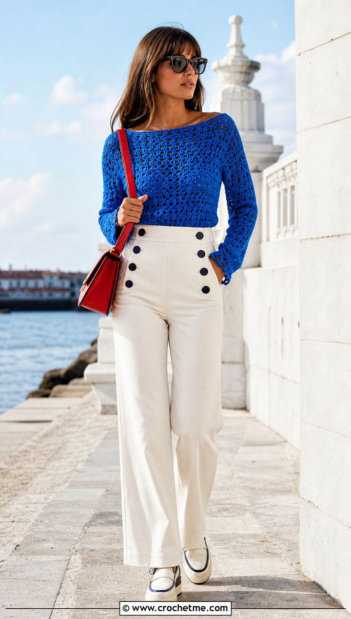 Boat Neck Crochet Top With Sailor Pants - 30 70s crochet top outfit ideas