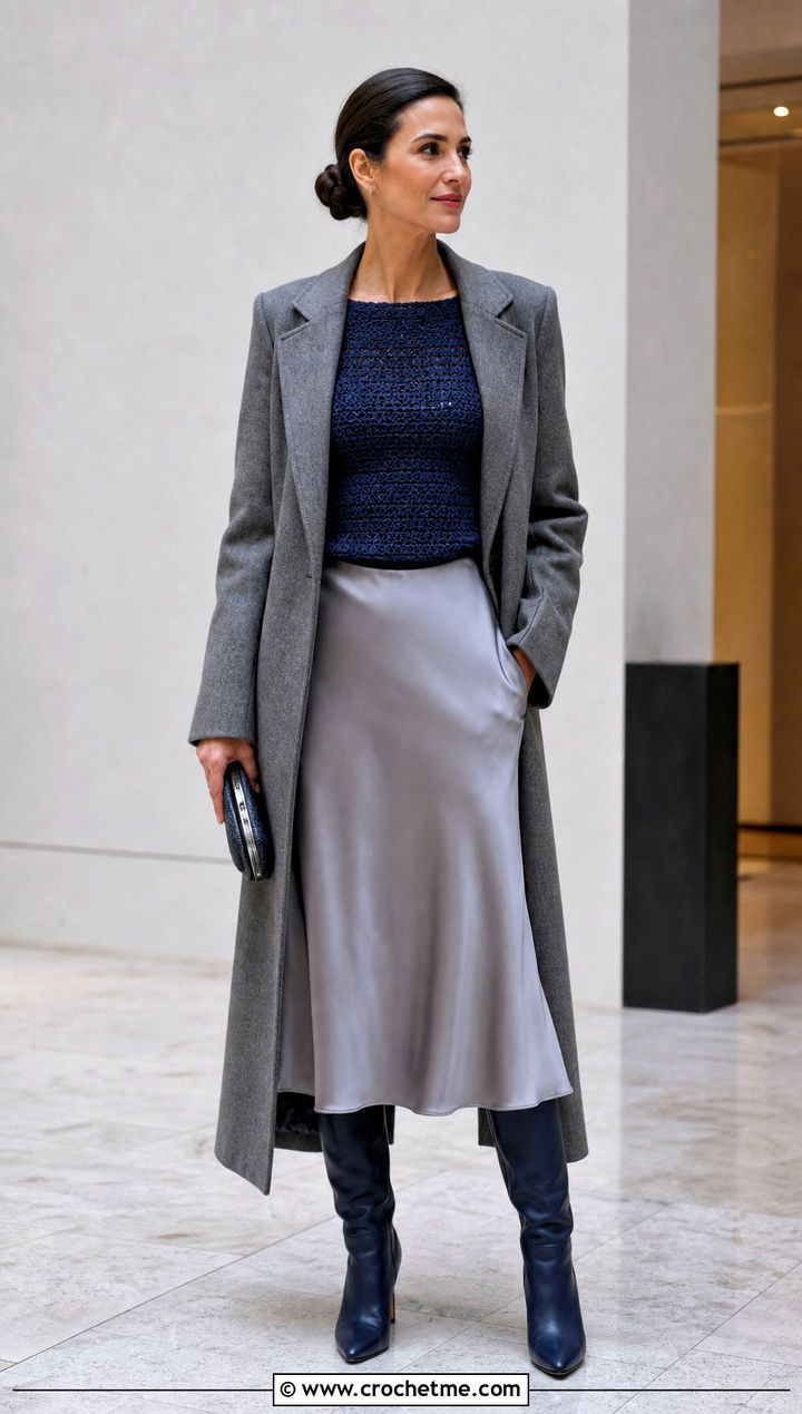 Boat Neck Crochet Top With Satin Midi Skirt - 35 winter crochet top outfit ideas