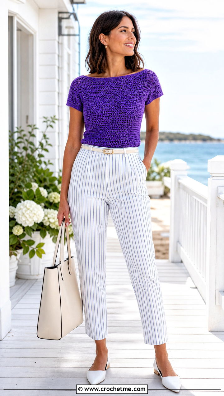 Boat Neck Crochet Top With Striped Trousers - 35 crochet top for summer outfit ideas