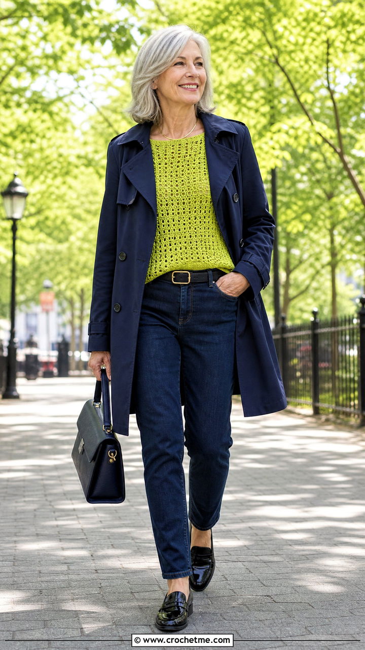 Boat Neck Crochet Top With Tapered Jeans - 35 crochet fall top outfit ideas