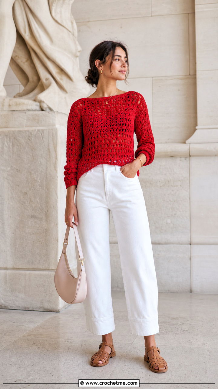 Boat Neck Crochet Top With White Barrel Jeans - 35 crochet knit top outfit ideas