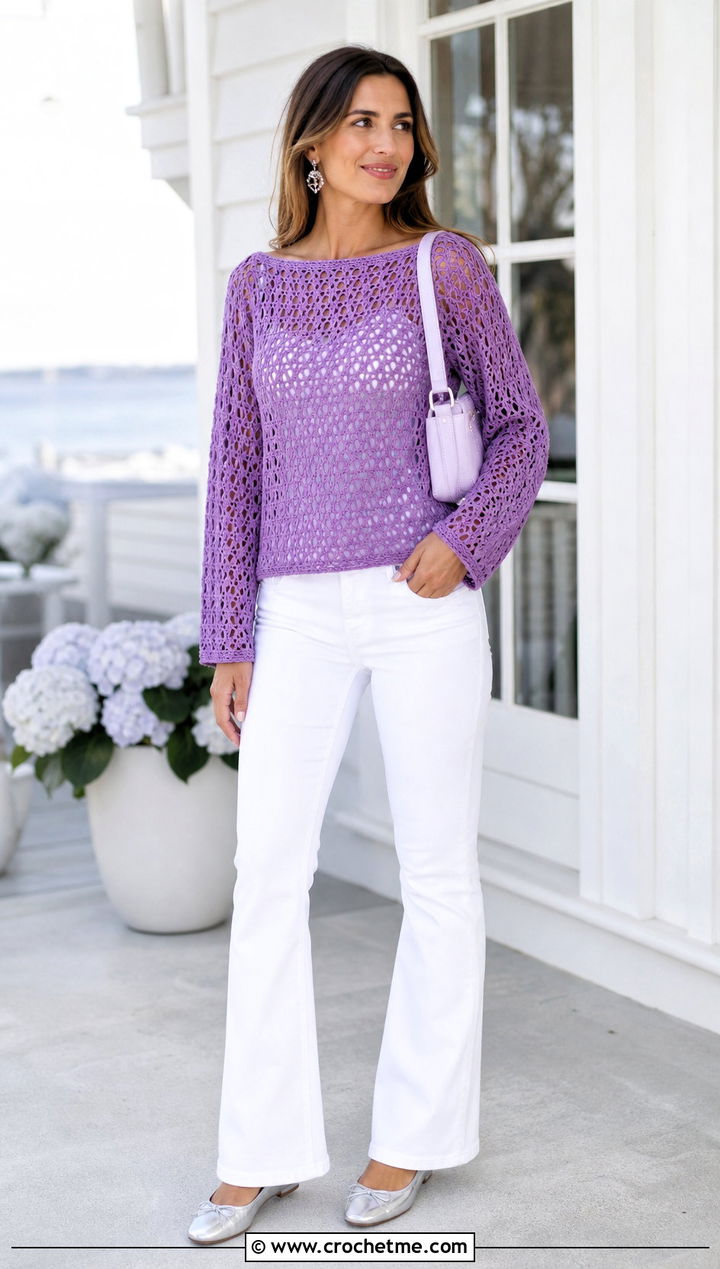 Boat Neck Crochet Top With White Jeans - 25 Crochet Top Ideas With Sleeves