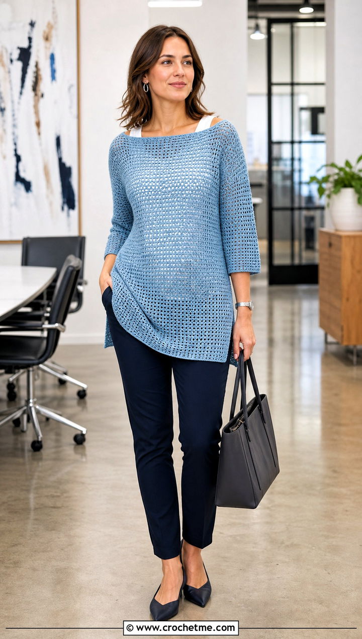 Boat Neck Crochet Tunic Cover Up With Cigarette Pants - 15 crochet tunic cover up outfit ideas