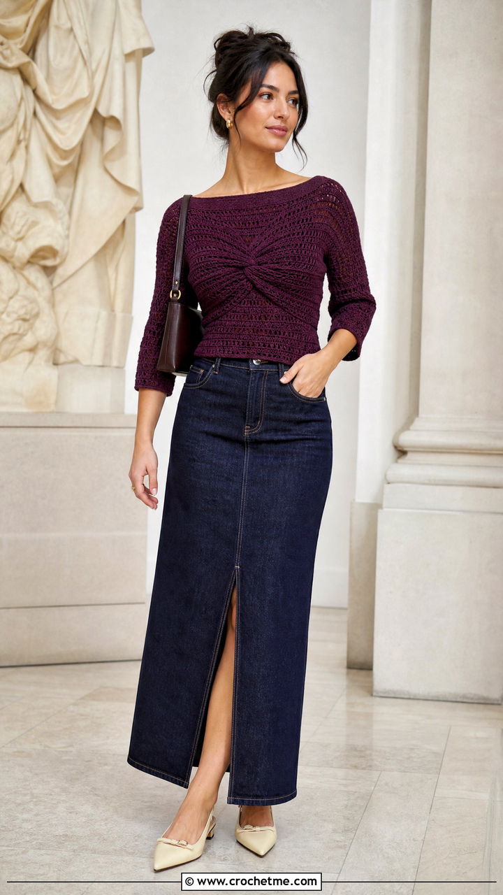 Boat Neck Crochet Twist Sweater Top With Denim Maxi Skirt - 35 crochet twist top outfit ideas