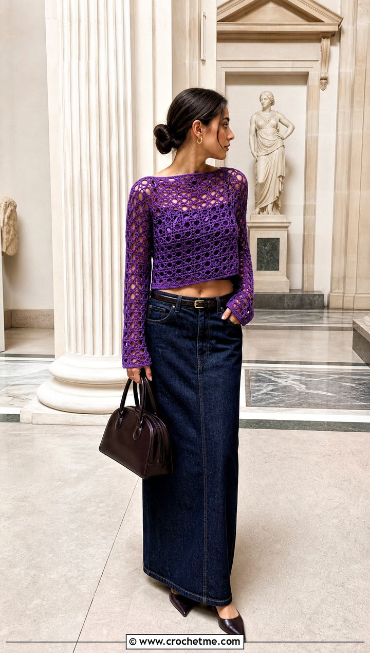 Boat Neck Crop Crochet Sweater With Column Skirt - 15 hollow out crop crochet sweater outfit ideas