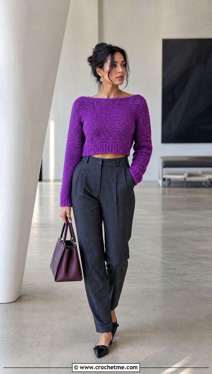 Boat Neck Cropped Sweater With Tailored Trousers - 30 crocheted cropped sweater outfit ideas