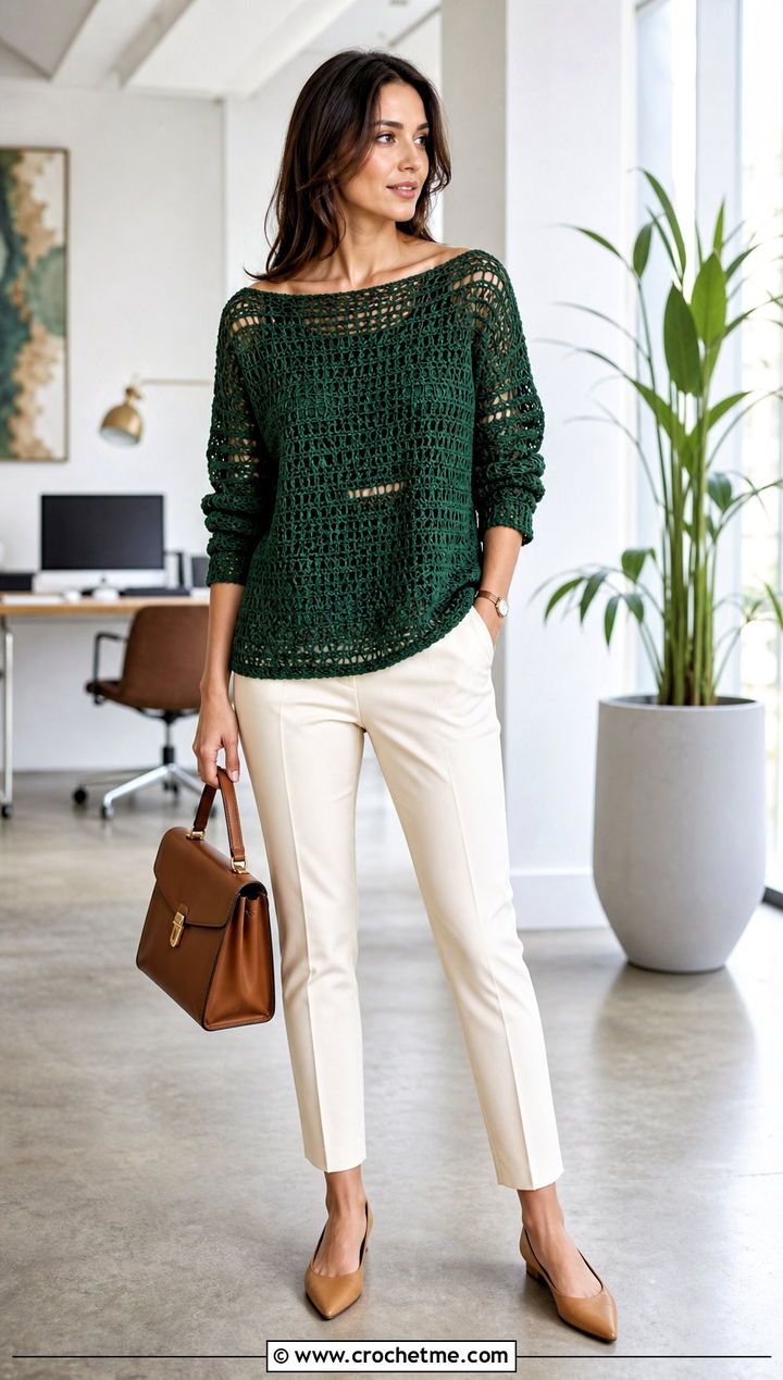 Boat Neck Distressed Crochet Top With Cigarette Pants - 35 Distressed Crochet Top outfit ideas