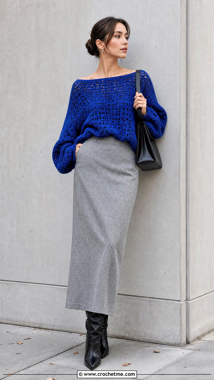 Boat Neck Dolman Crochet Sweater With Column Skirt - 35 fall crochet sweater outfit ideas