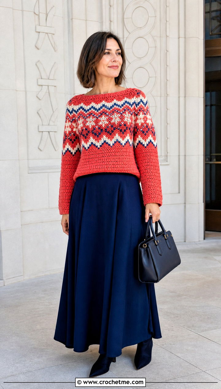 Boat Neck Fair Isle Crochet Sweater With A Line Maxi Skirt - 25 fair isle crochet sweater outfit ideas