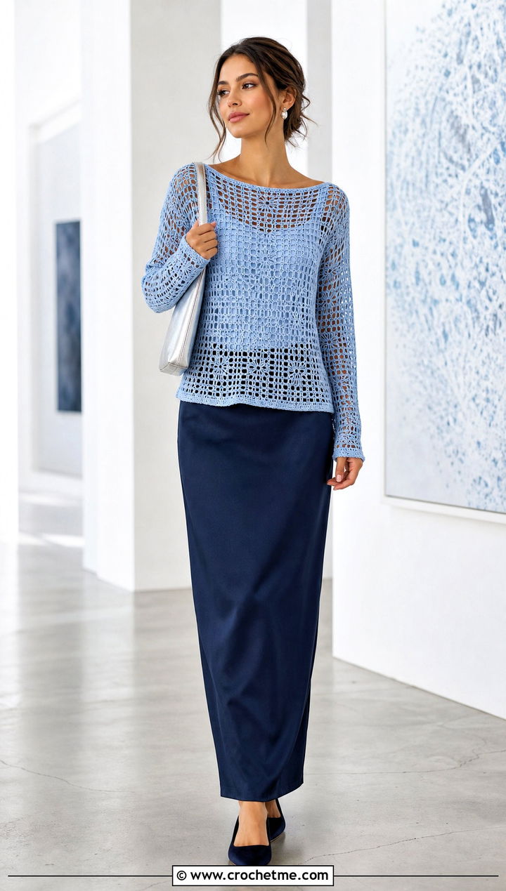 Boat Neck Filet Crochet Shirt With Column Skirt - 30 filet crochet shirt outfit ideas