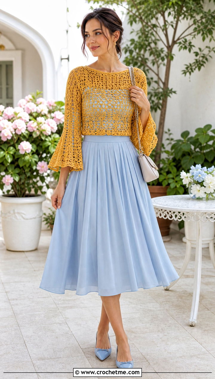 Boat Neck Flare Sleeve Crochet Top With Pleated Midi Skirt - 20 Crochet Top With Flare Sleeves outfit ideas