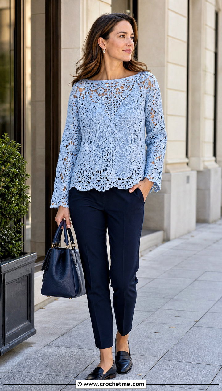 Boat Neck Floral Crochet Sweater With Cigarette Pants - 15 floral crochet sweater style outfit ideas
