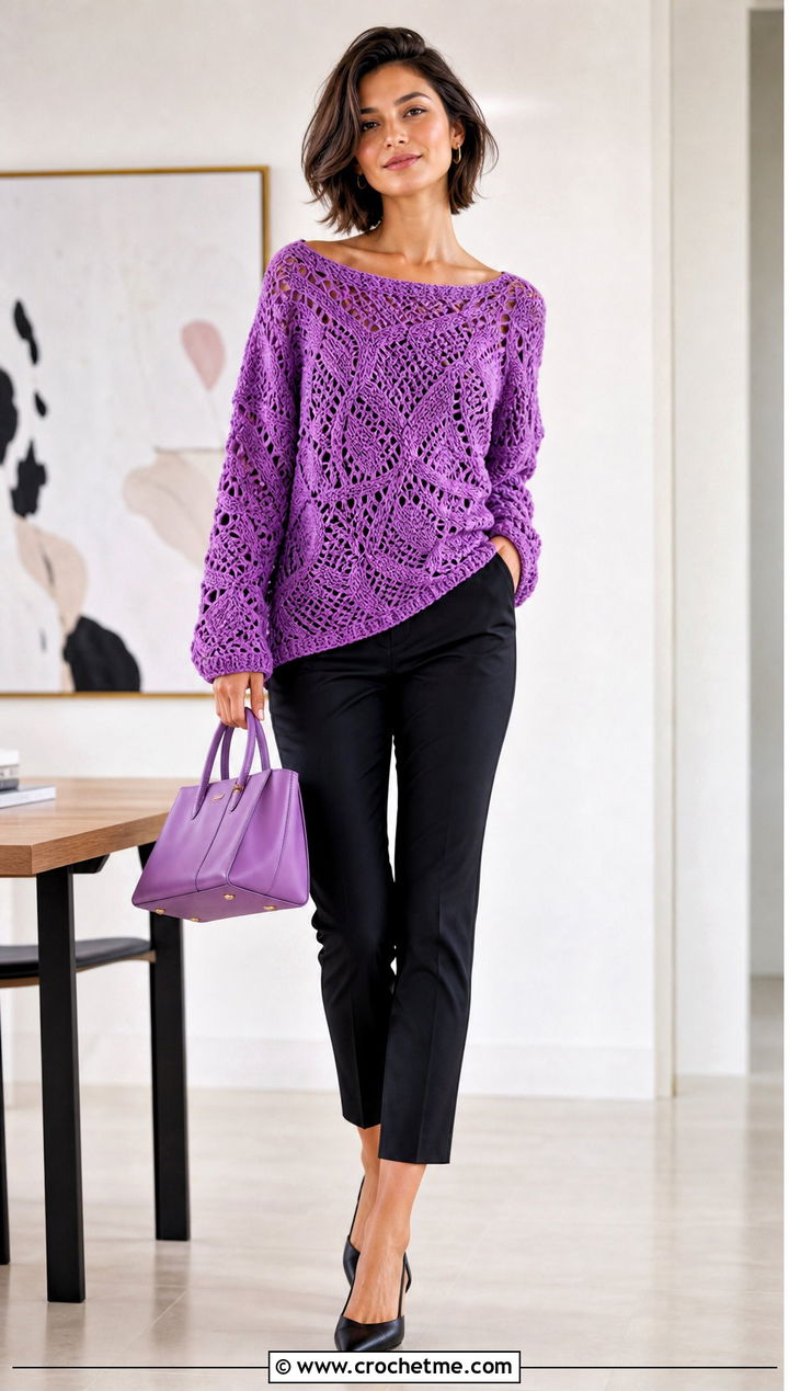 Boat Neck Freeform Crochet Sweater With Cigarette Pants - 30 freeform crochet sweater outfit ideas