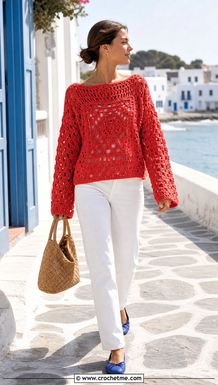 Boat Neck Giant Granny Square Sweater With White Jeans - 30 giant granny square sweater outfit ideas