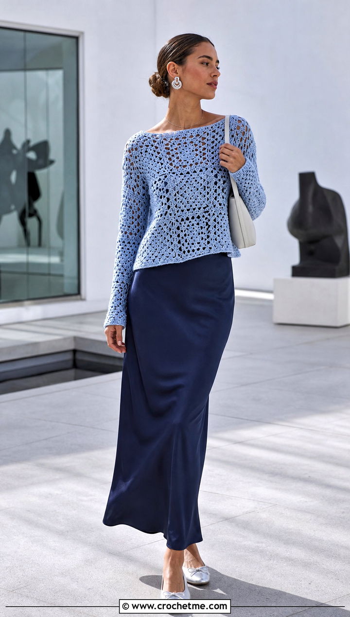 Boat Neck Granny Square Jumper With Bias Cut Slip Skirt - 35 granny square jumper outfit ideas