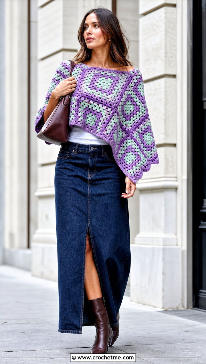 Boat Neck Granny Square Poncho With Maxi Denim Skirt - 35 granny square poncho outfit ideas