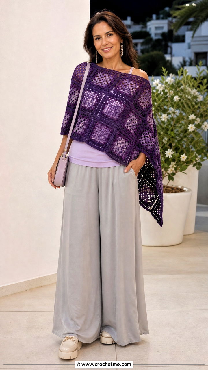 Boat Neck Granny Square Poncho With Palazzo Pants - 35 crochet granny square poncho outfit ideas