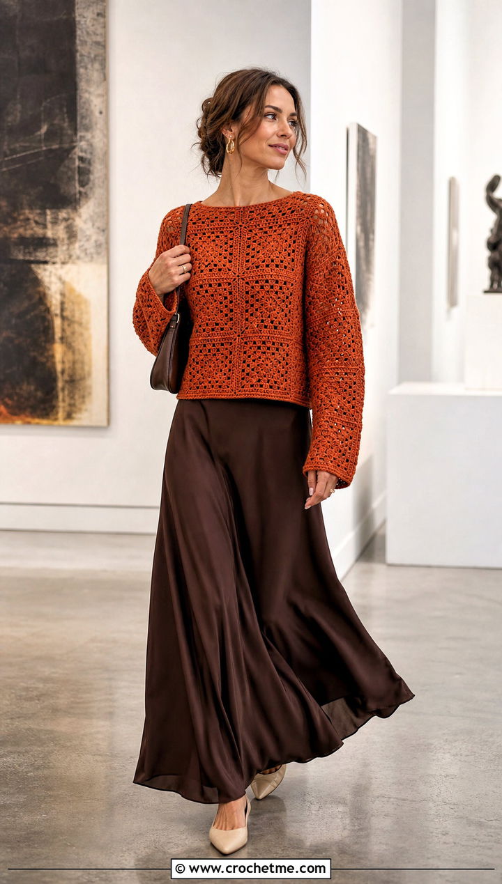 Boat Neck Granny Square Pullover Sweater With Maxi Skirt - 35 Granny Square Pullover Sweater outfit ideas