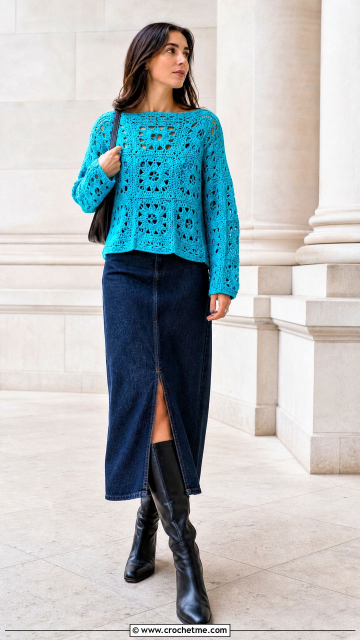 Boat Neck Granny Square Pullover With Column Skirt - 35 granny square pullover outfit ideas