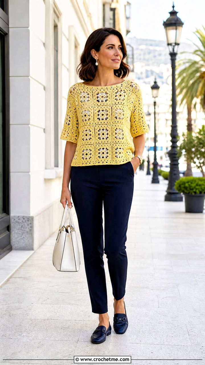 Boat Neck Granny Square Shirt With Cigarette Pants - 35 granny square shirt outfit ideas
