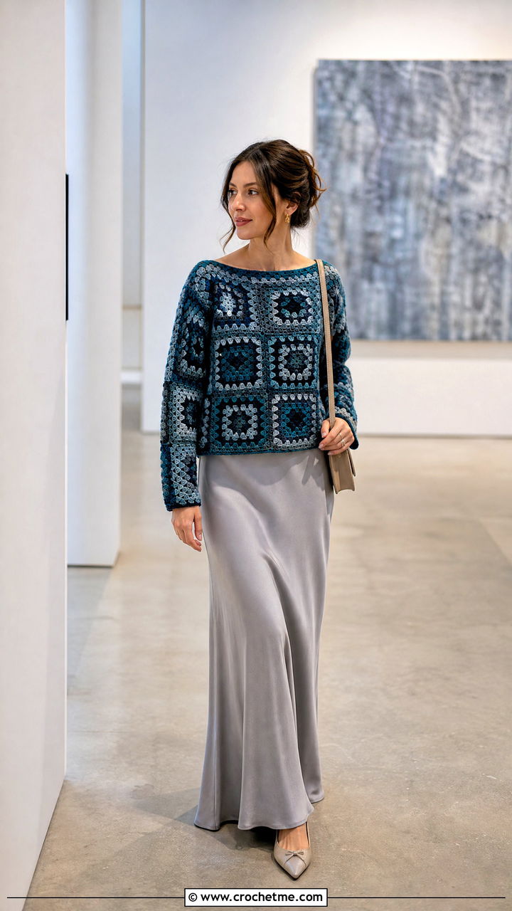 Boat Neck Granny Square Sweater With Bias Cut Maxi Skirt - 35 granny square sweater outfit ideas