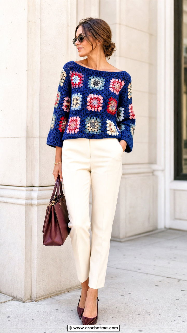 Boat Neck Granny Square Sweater With Cigarette Pants - 35 4 Granny Square Sweater outfit ideas