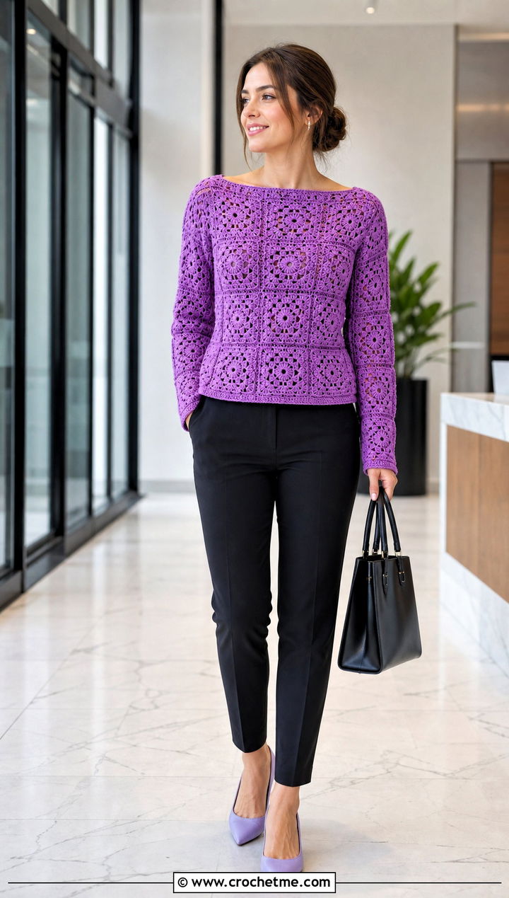 Boat Neck Granny Square Sweater With Cigarette Pants - 30 easy granny square sweater outfit ideas